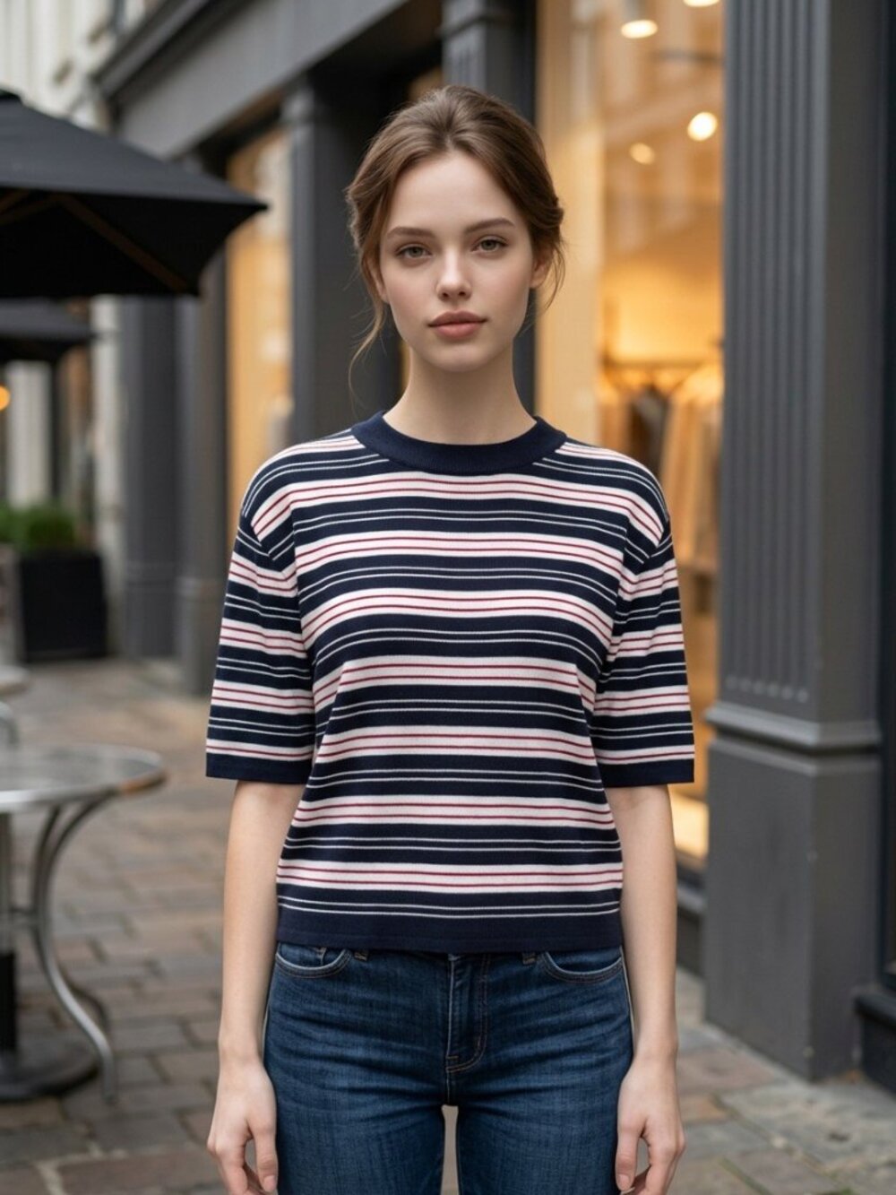 NWT House of Harlow 1960 Striped Knit Sweater Top Navy Red M